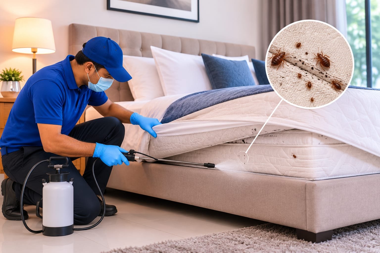 Standard Pest Control technician treating a mattress for bed bugs, with a close-up of bed bug signs on bedding