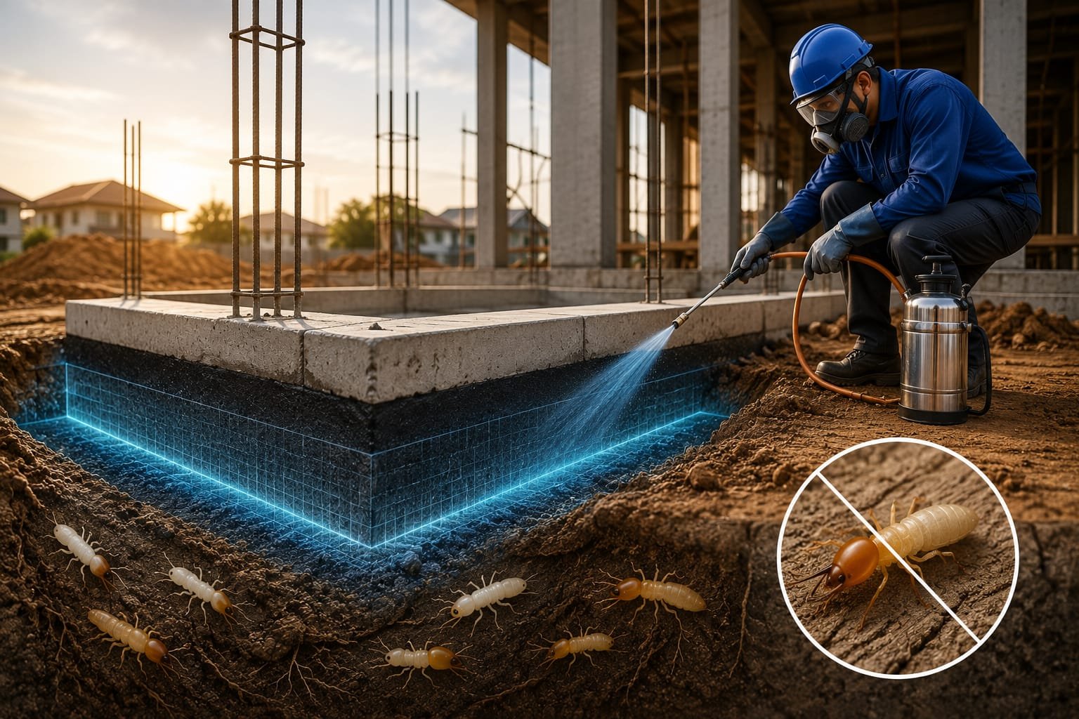 Applying chemical treatment for pre construction anti termite treatment Bangalore