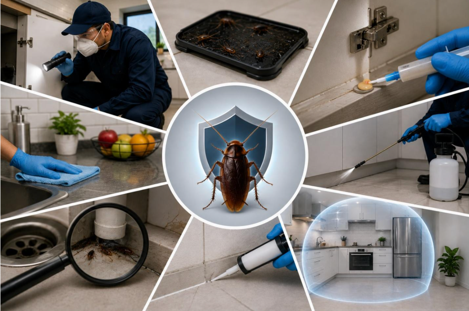 Integrated Pest Management process for cockroaches — inspection, gel bait, sealing entry points and monitoring
