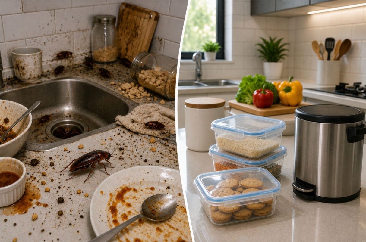 Cockroach near food on a kitchen counter illustrating food contamination risk in Bangalore homes