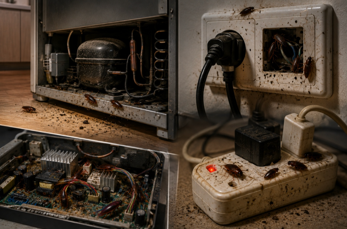 Cockroach hiding inside an electrical appliance panel, illustrating cockroach and electrical damage risk in Bangalore homes