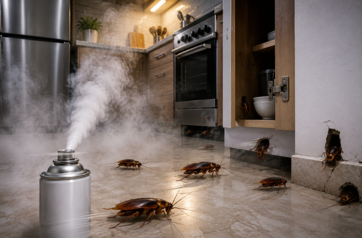 Total-release fogger bug bomb in a kitchen, illustrating why fogging may not reach hidden cockroach harbourages