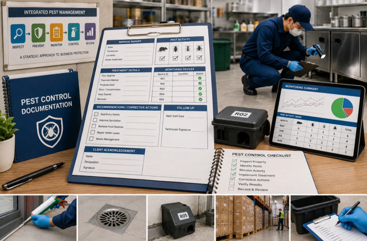 Technician reviewing commercial pest control documentation and service records
