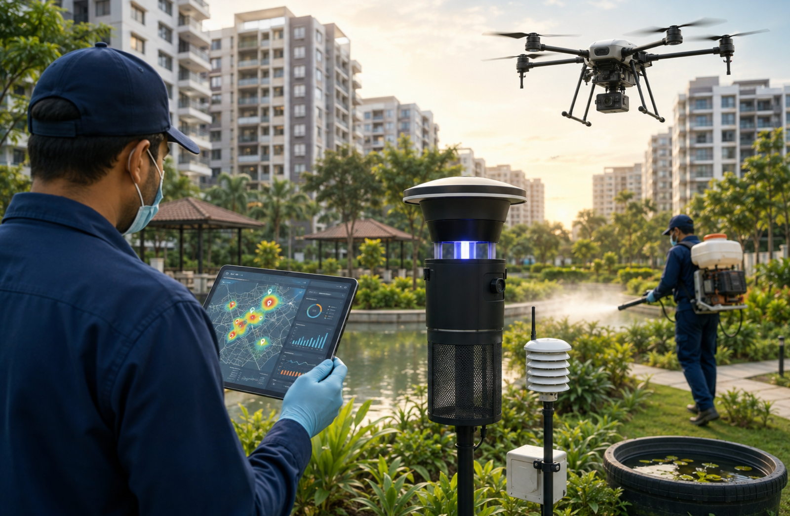 Illustration of future mosquito control technologies — smart traps, drones, GIS mapping and biological control