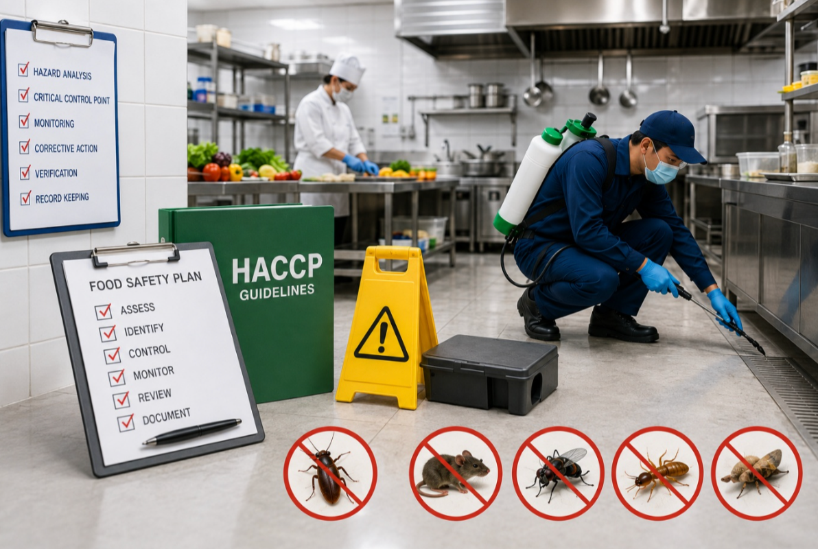 Food safety inspector reviewing HACCP and pest control documentation in a commercial kitchen