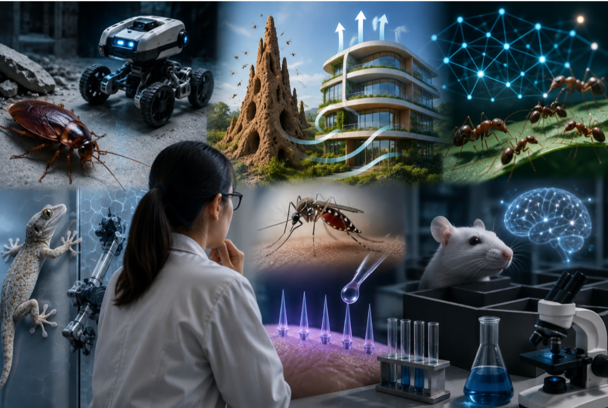 Illustration of cockroaches, termites, ants and mosquitoes inspiring robotics, architecture and technology