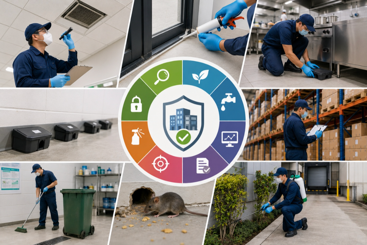 Technician conducting an Integrated Pest Management inspection at a commercial property