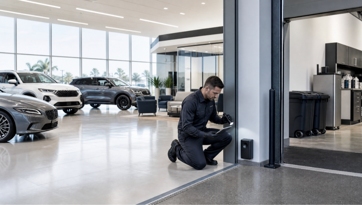 Professional pest-control technician inspecting a modern car dealership showroom and vehicle stockyard for rodents
