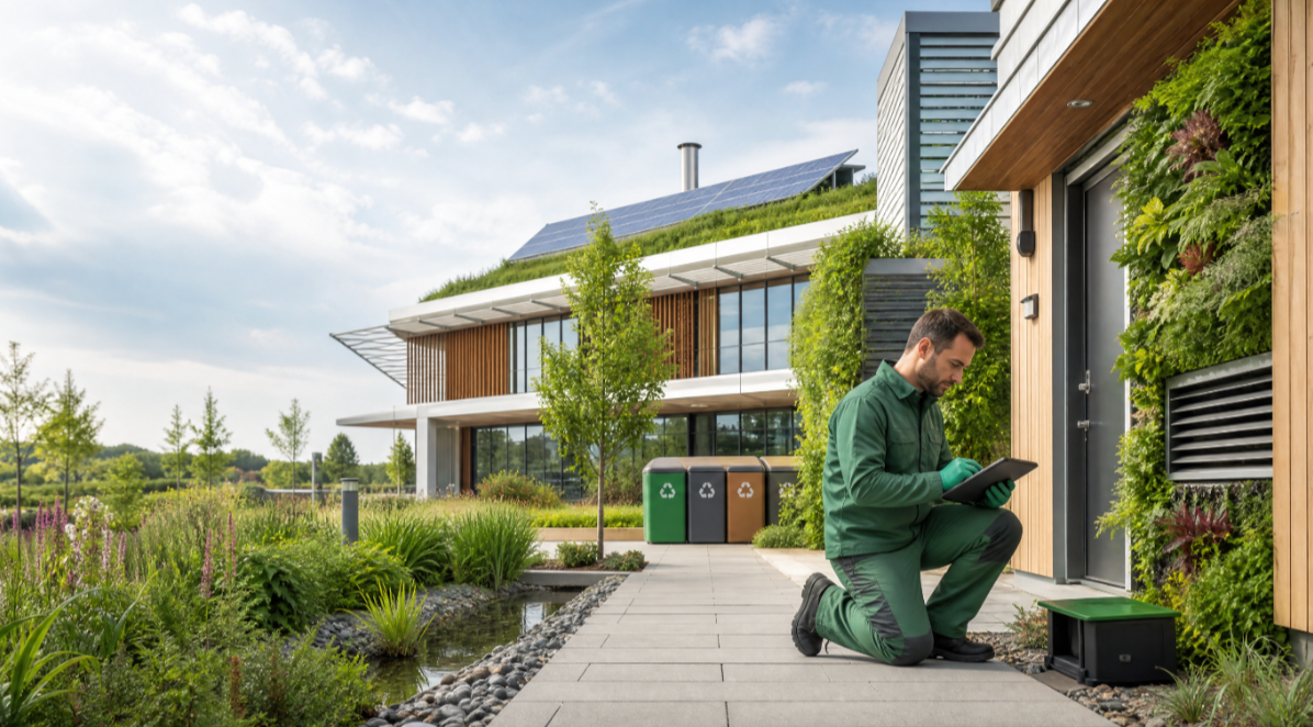 Sustainable pest-management inspection at a modern green building with landscaped surroundings
