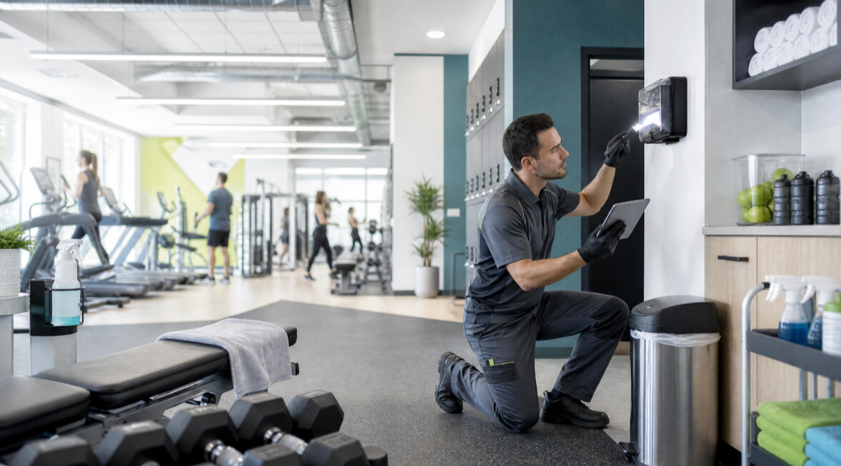 Professional pest-control inspection in a clean modern gym and fitness centre