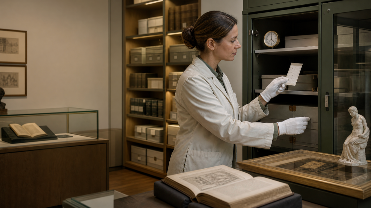 Museum conservation specialist inspecting historical artifacts for pest damage