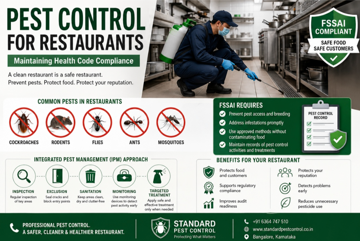 Pest control technician inspecting a restaurant kitchen for FSSAI compliance