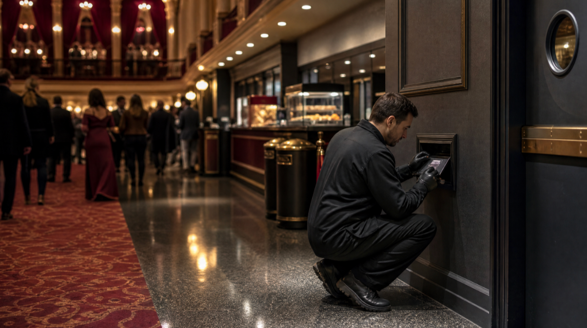 Professional pest-control inspection inside a modern movie theater and entertainment venue