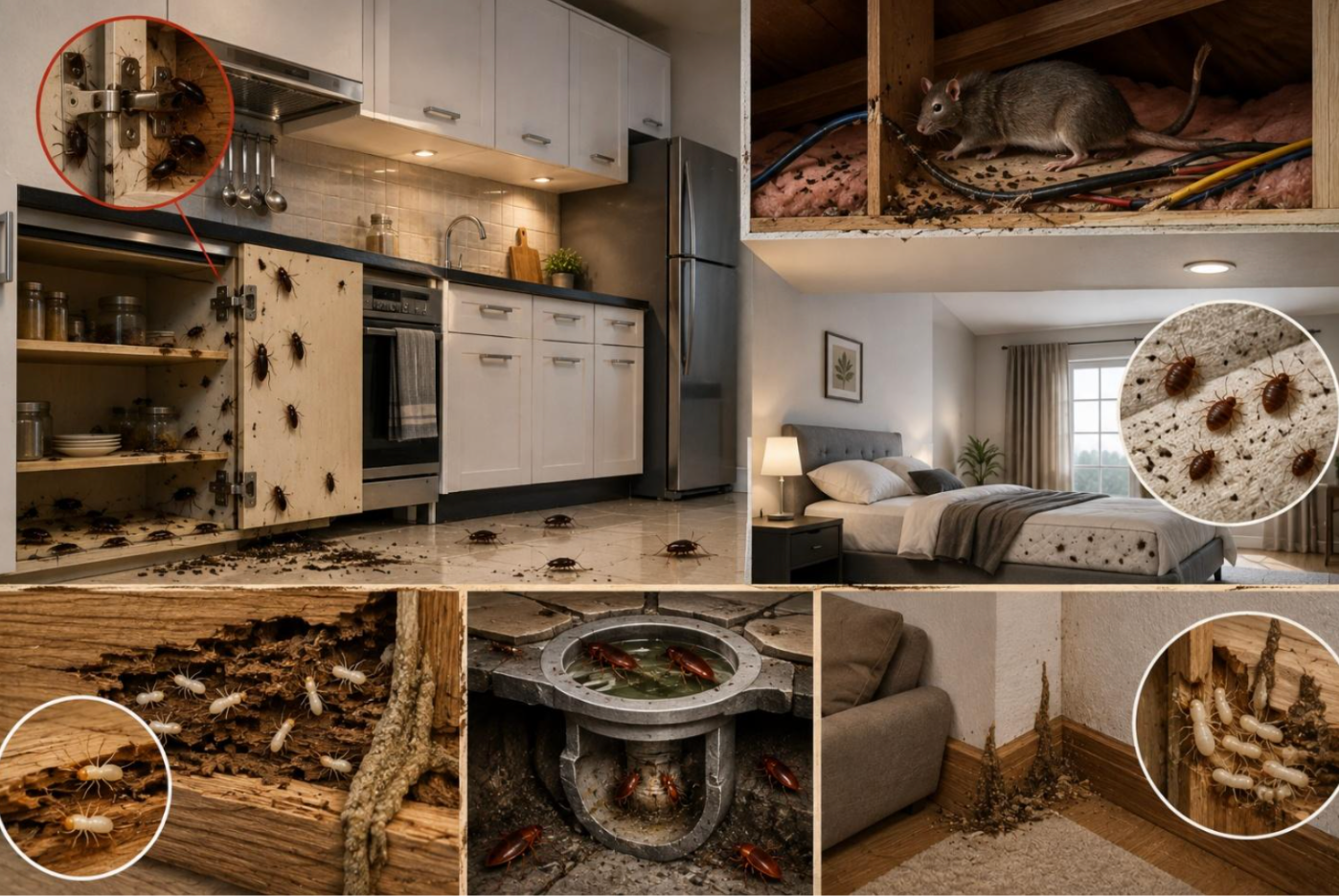 Illustration of common pest control horror stories — cockroaches, rodents, termites and bed bugs hidden behind the scenes