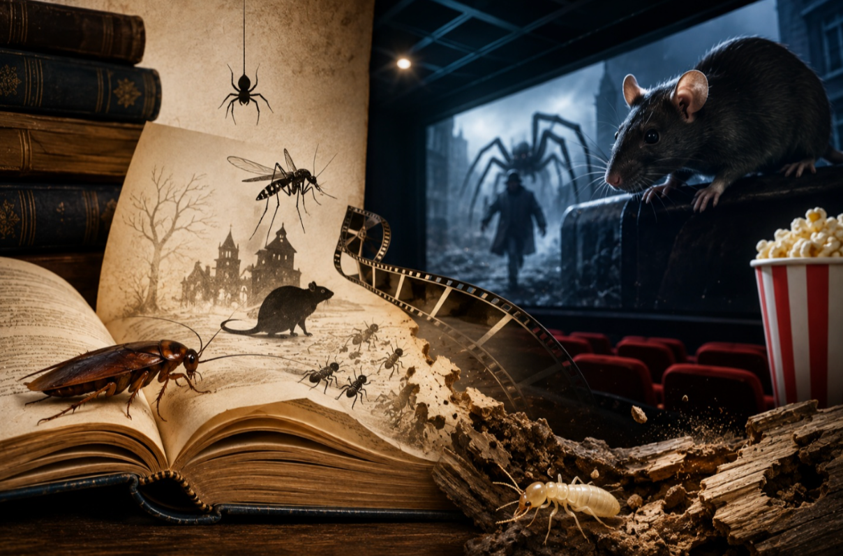 Illustration of pests as pop-culture icons — cockroaches, rats, spiders and mosquitoes in movies and literature