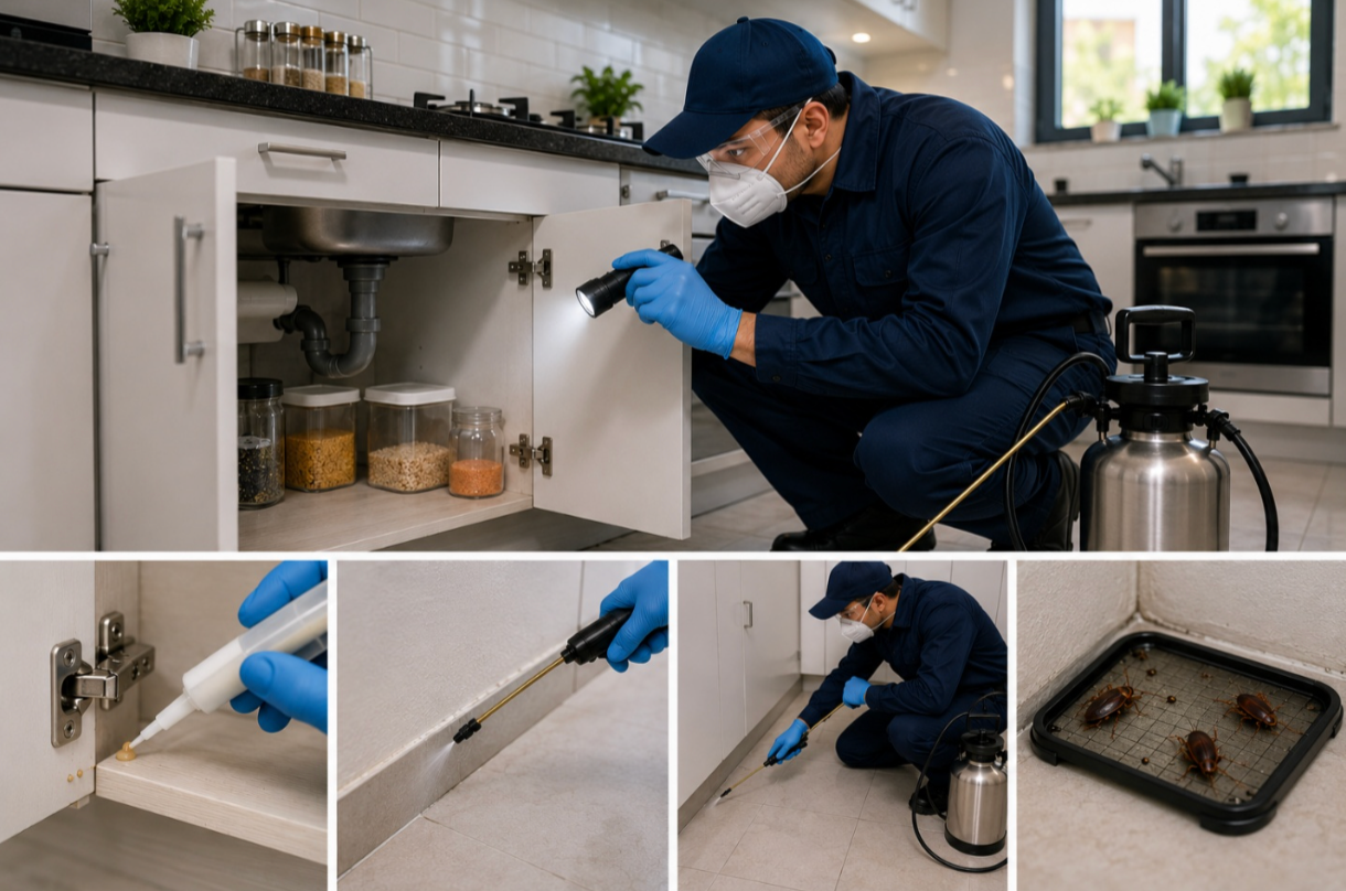 Pest control technician performing a professional cockroach extermination treatment in a Bangalore kitchen