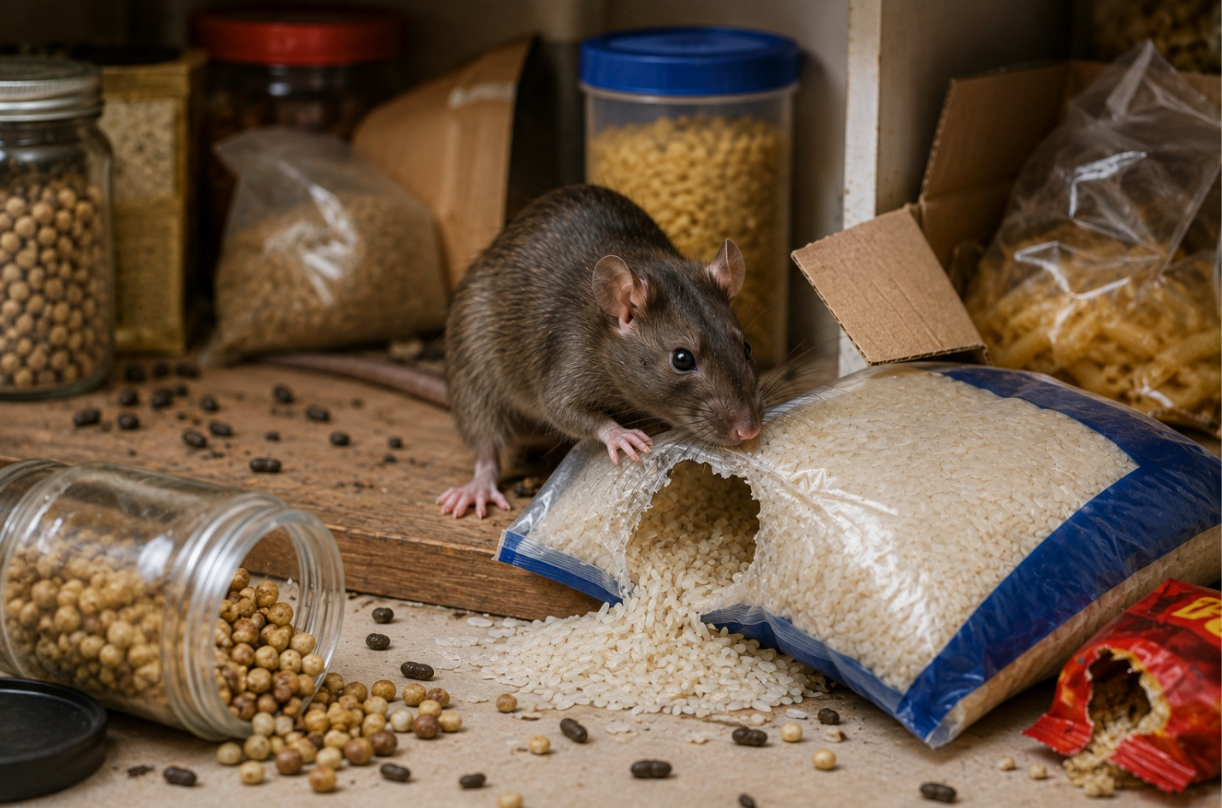 Rodents and food contamination: gnawed food packaging and droppings in a pantry showing rodent activity around stored food