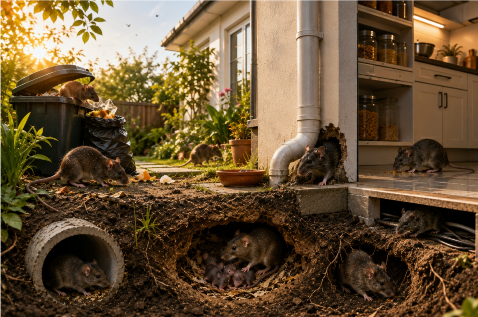 Rodents in summer: rat near a garden and garbage area showing outdoor rodent activity and breeding conditions in Bangalore