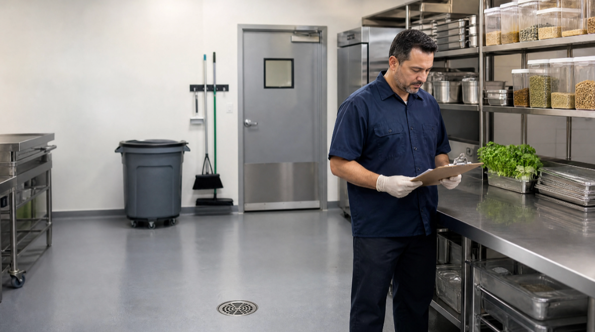 Commercial kitchen staff following sanitation best practices to prevent pest infestations