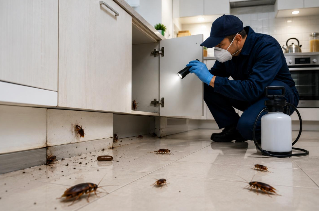 Cockroach droppings and nymphs inside a kitchen cabinet, a warning sign of a serious cockroach infestation