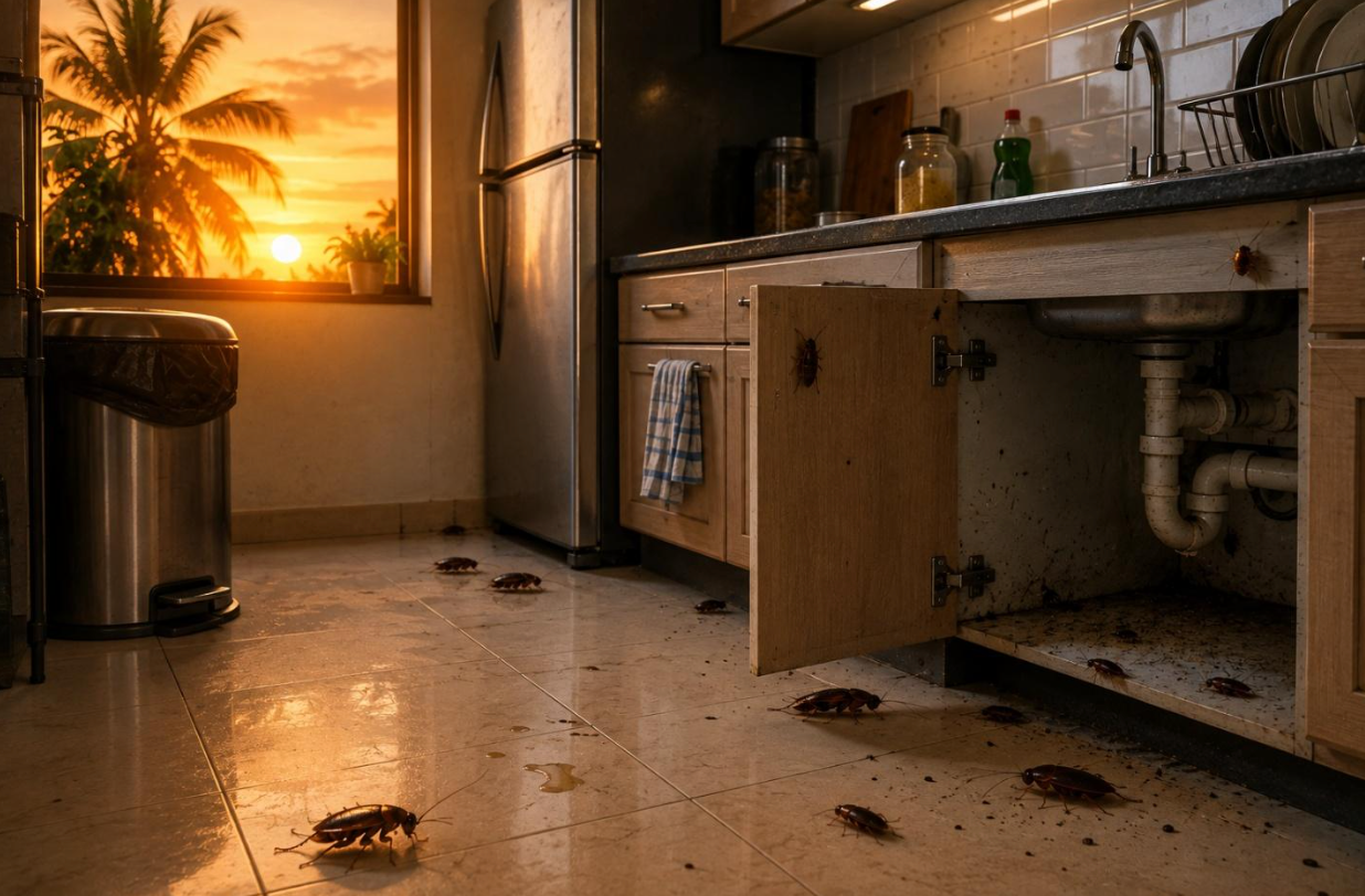 Cockroaches active on a kitchen floor and under the sink cabinet during warm weather in Bangalore