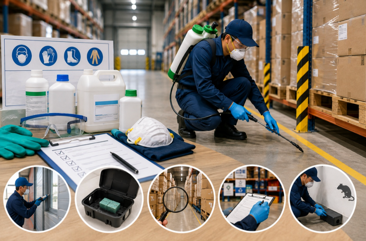 Pest control technician wearing PPE while reviewing safety regulations at a commercial site