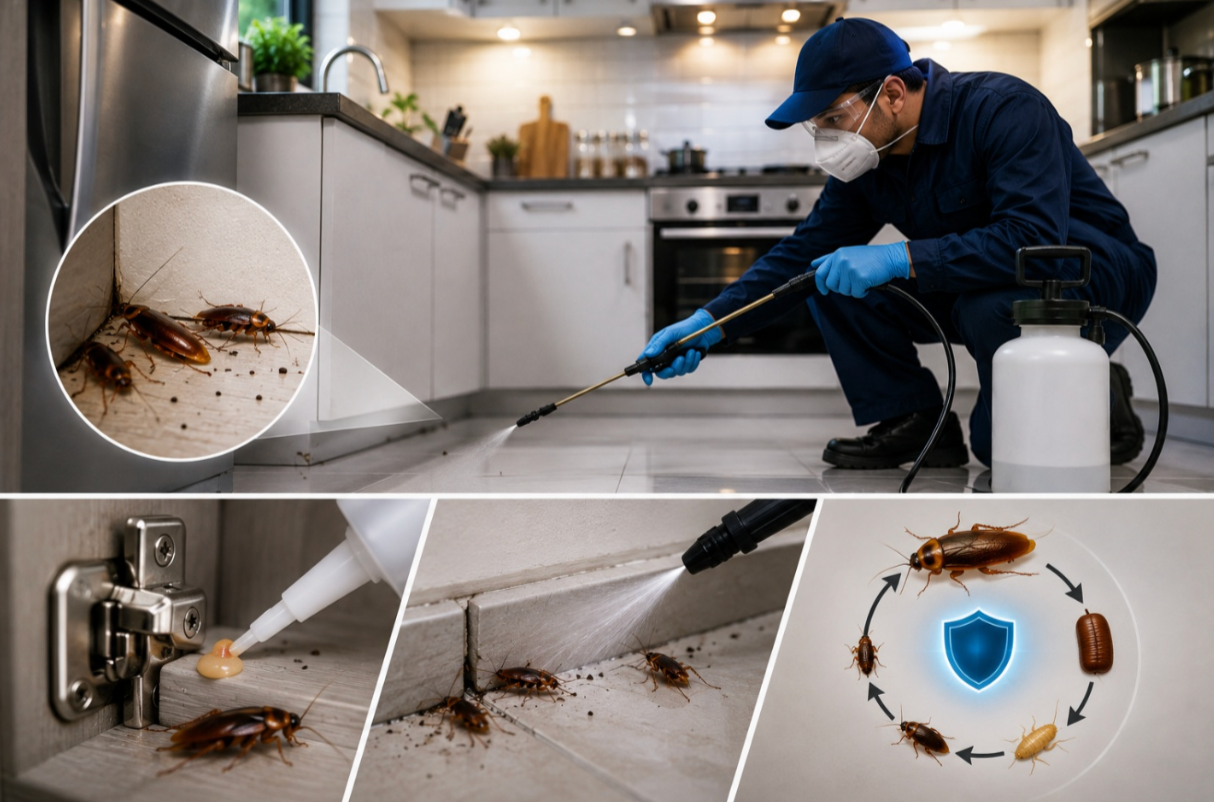 Pest control technician applying professional cockroach gel bait near a kitchen cabinet hinge