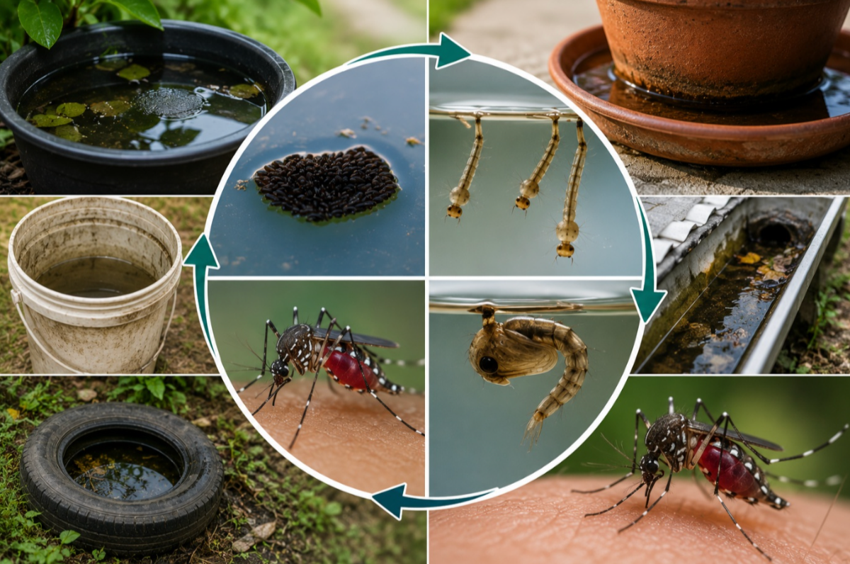 The four stages of the mosquito life cycle: egg, larva, pupa and adult