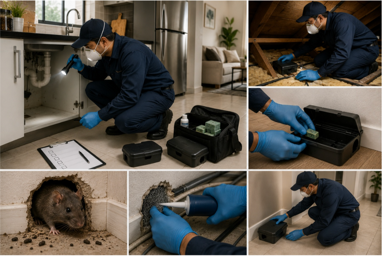 What to expect during a professional rodent extermination service: inspection, trapping, bait stations and rodent proofing