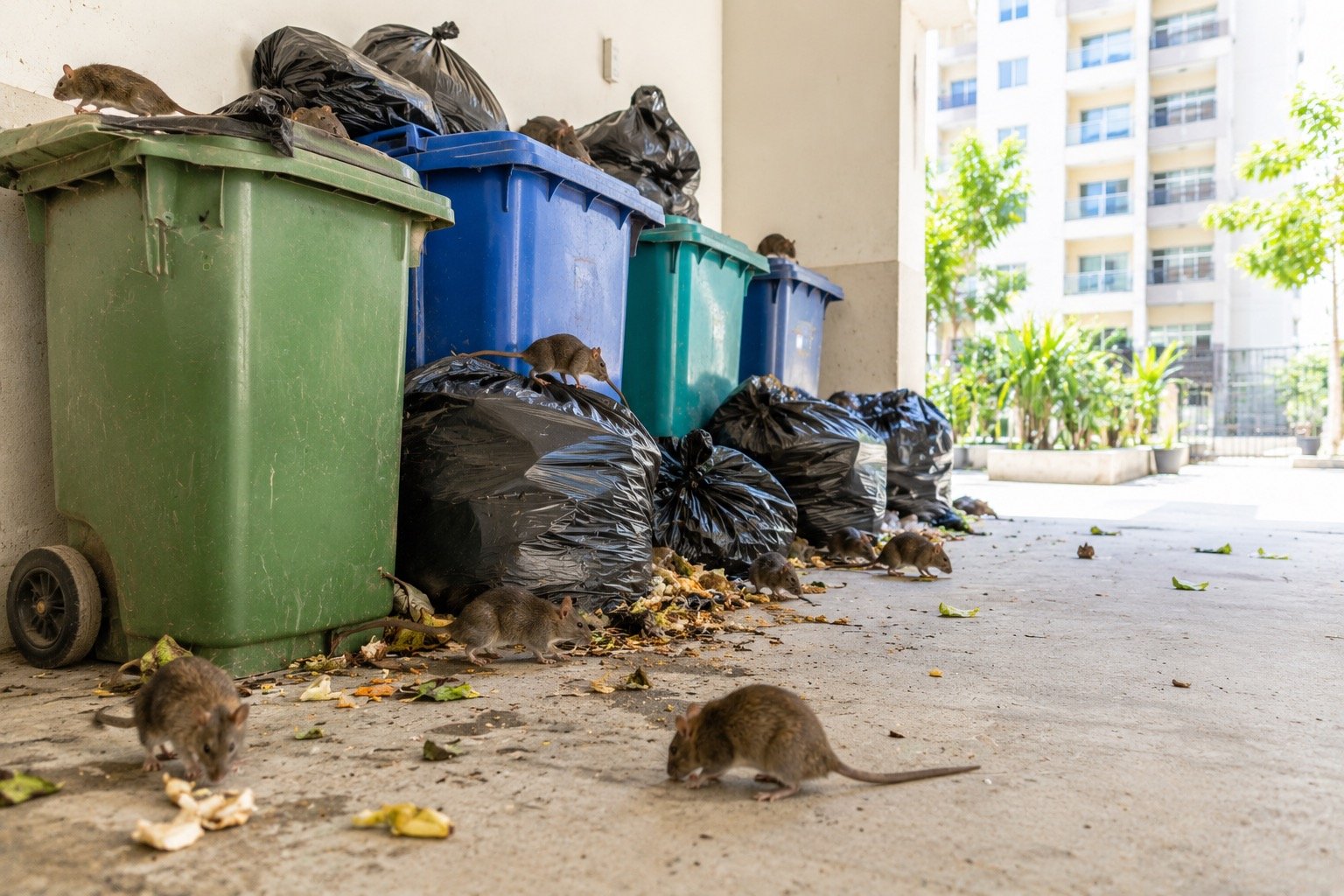 Rats feeding on garbage bags and bins in an apartment garbage area