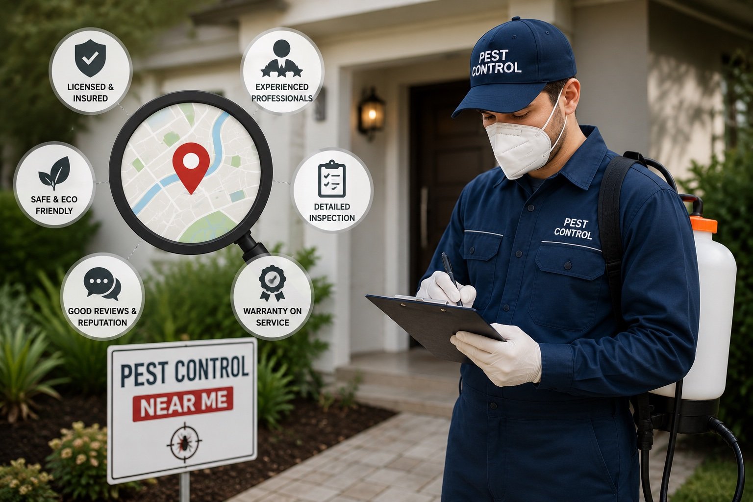 Searching pest control near me: technician arriving for a home inspection