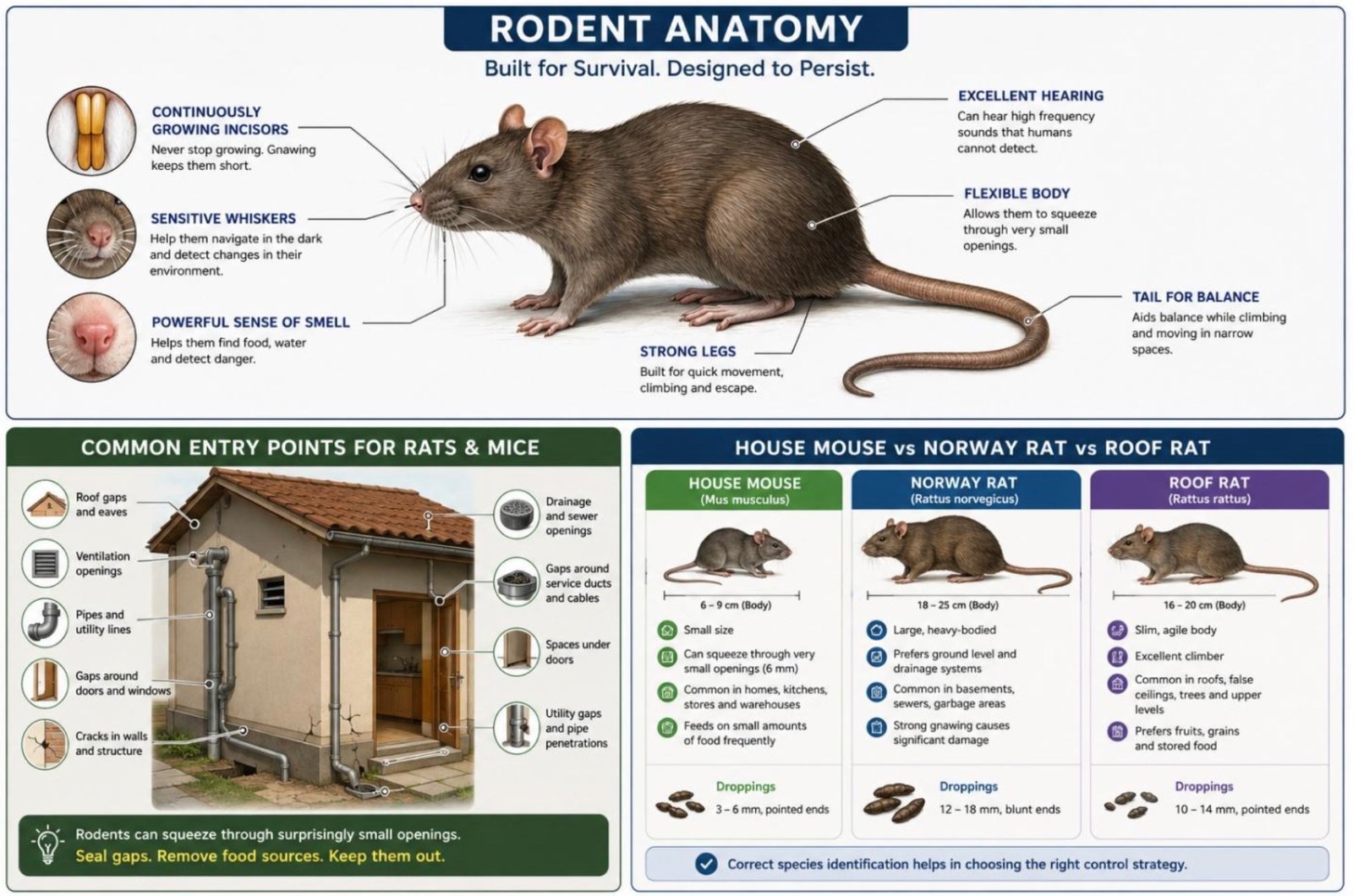 Rodent anatomy diagram showing incisors, whiskers, flexible body, tail and hearing, plus house mouse vs Norway rat vs roof rat comparison