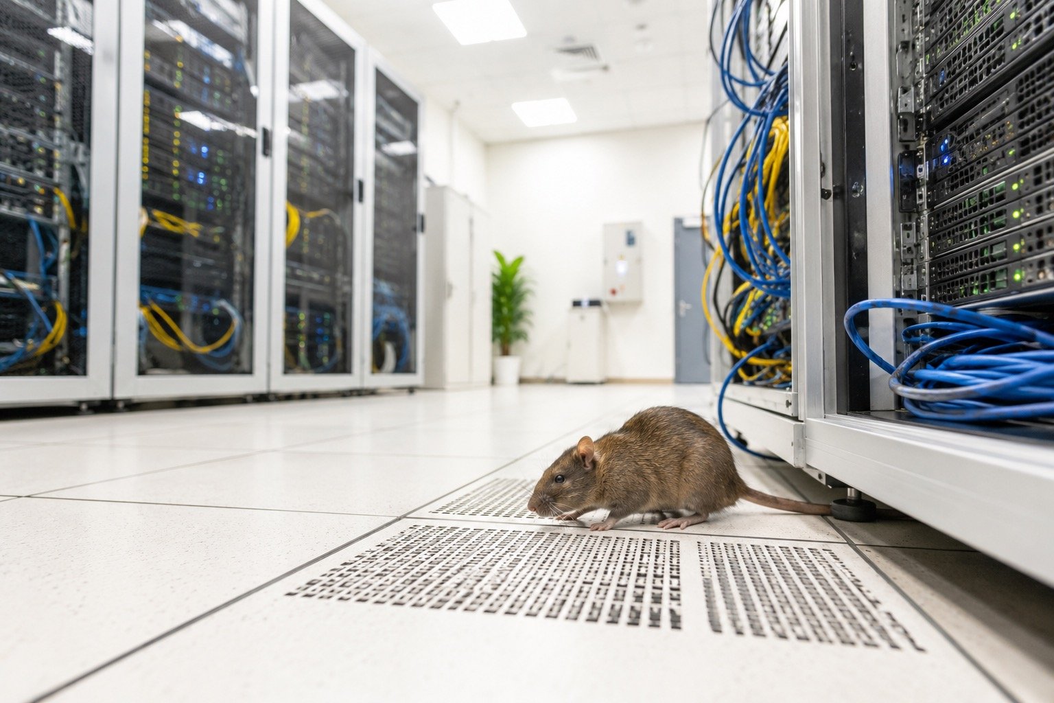 Rat next to server racks and cables in an IT server room