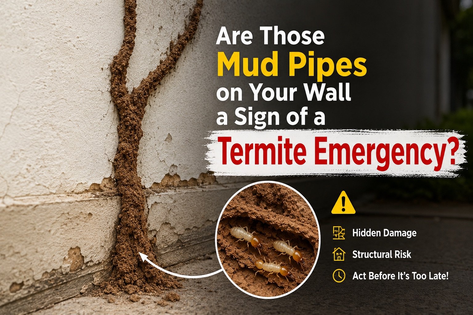 Mud pipes on wall sign of termite emergency